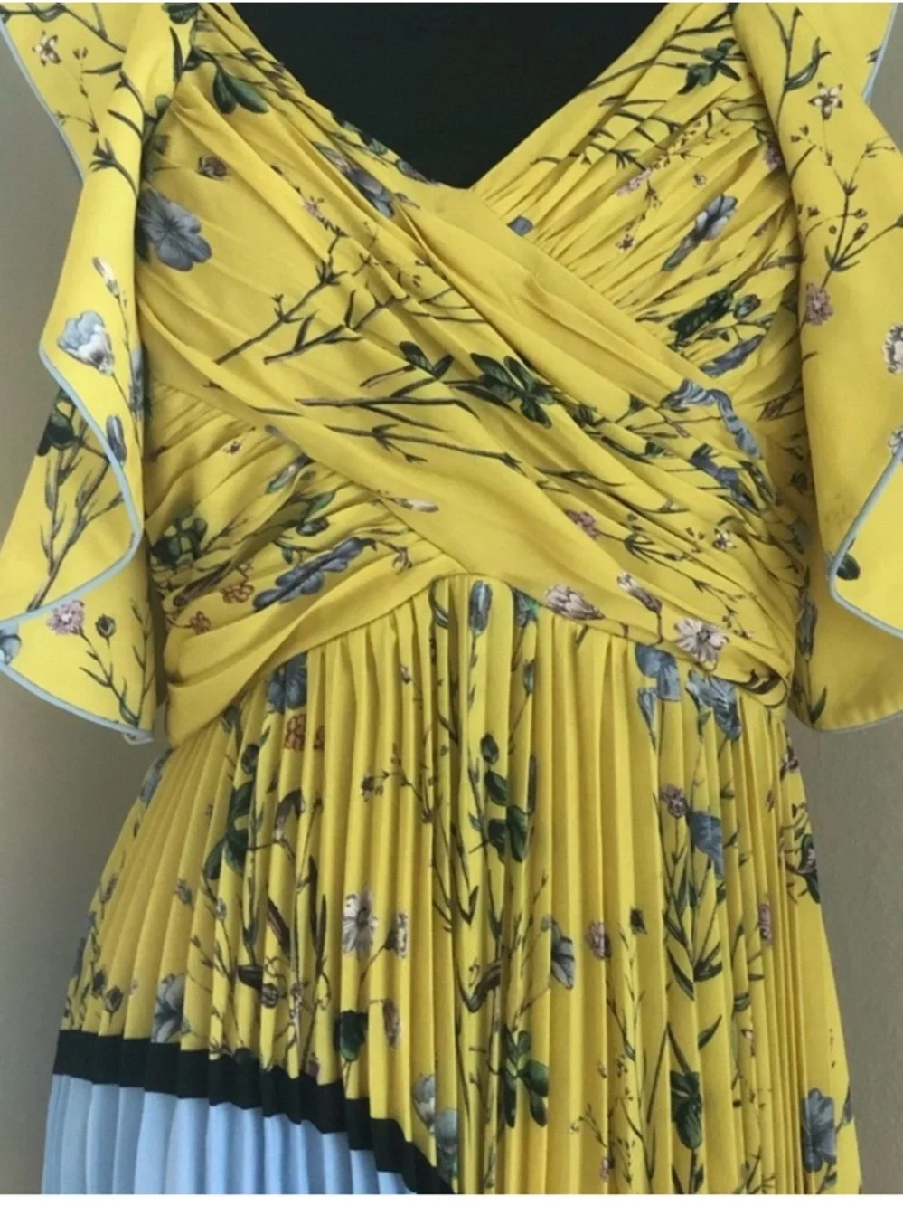 Self-Portrait Yellow Floral Asymmetric Pleated Dress with Blue Panel - Picture 2 of 4
